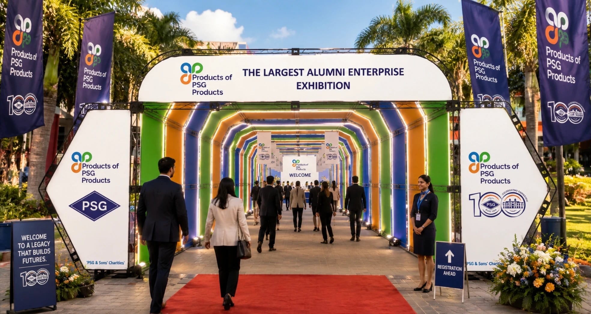 Concept render of the colonnaded entrance tunnel leading to Hall A, lit in blue, green and orange.
