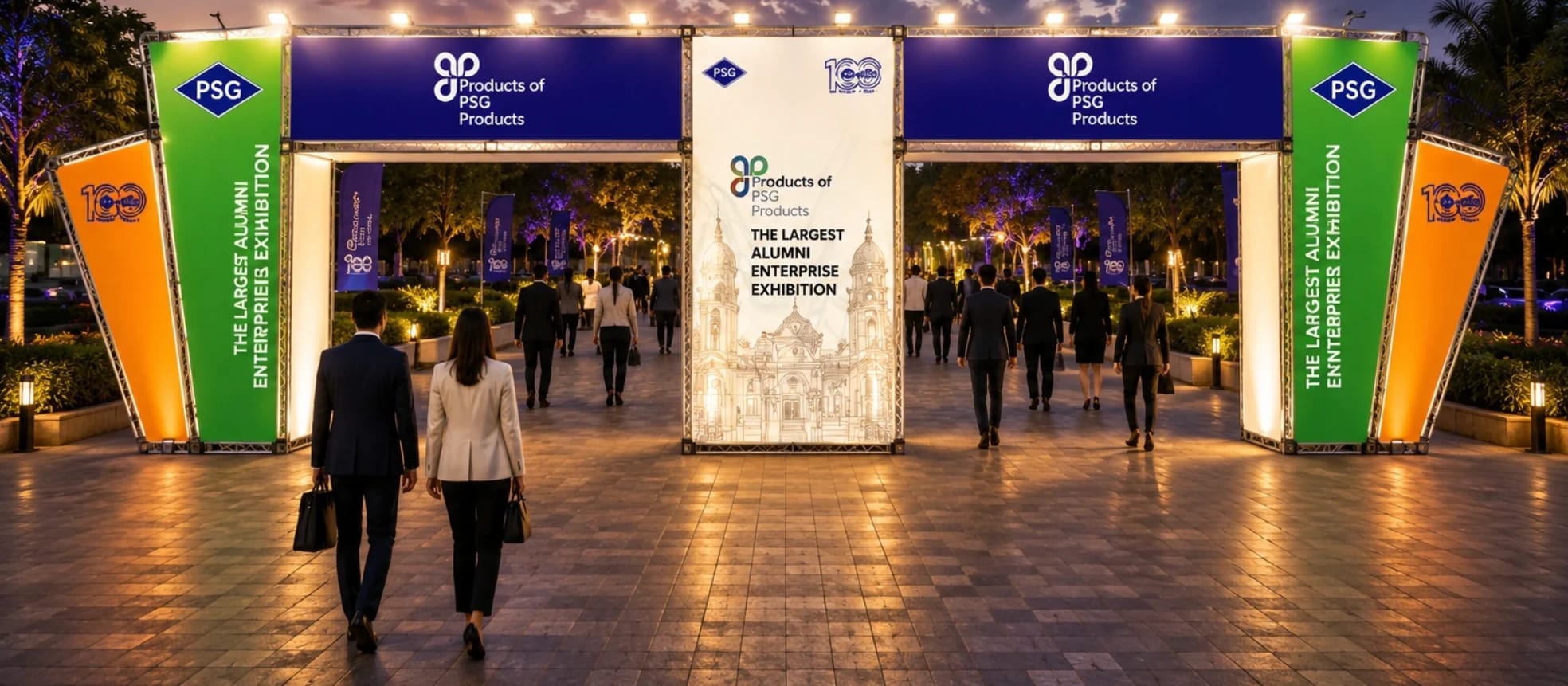 Concept render of the illuminated welcome arch at dusk, with visitors walking beneath the Products of PSG Products banners.